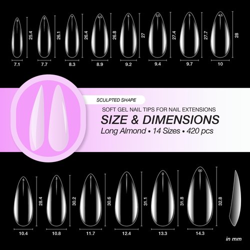 Curacoro Sculpted Long Almond Gel Nail Tips 420Pcs, Clear Full Cover Soft Acrylic Tips 14 Sizes, Easy to Use, Long-Lasting, Glossy Finish