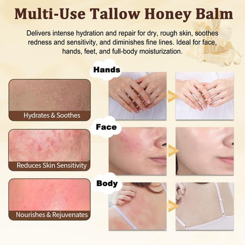 Eqimznv Beef Tallow for Skin, Organic Grass-Fed Beef Tallow Balm with Row Honey, Tallow and Honey Balm, Tallow Face Moisturizer for Face Body, Natural Formula for Dry & Sensitive Skin (2 OZ, Citrus)