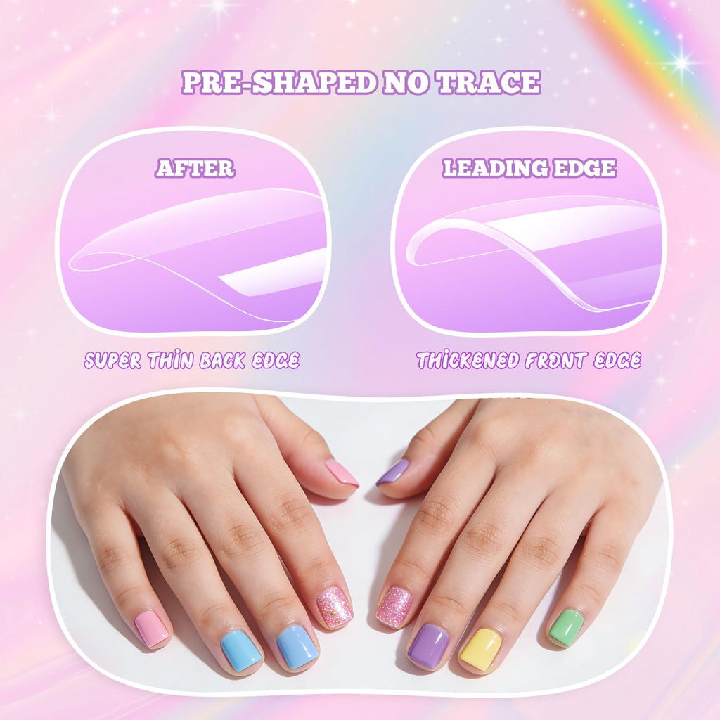 krofaue Short Suqare Kids False Nails - Full Cover Press on Nails for Girls
