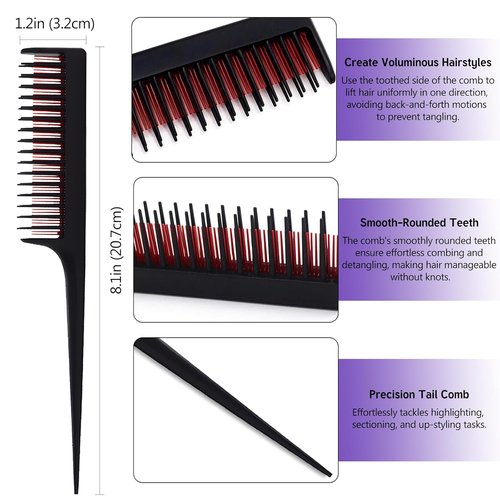 Skiennix Professional Teasing Comb Set - 3 Pack for Root Teasing & Volume Boost | 8.15 Inches - Black, Magenta, Purple