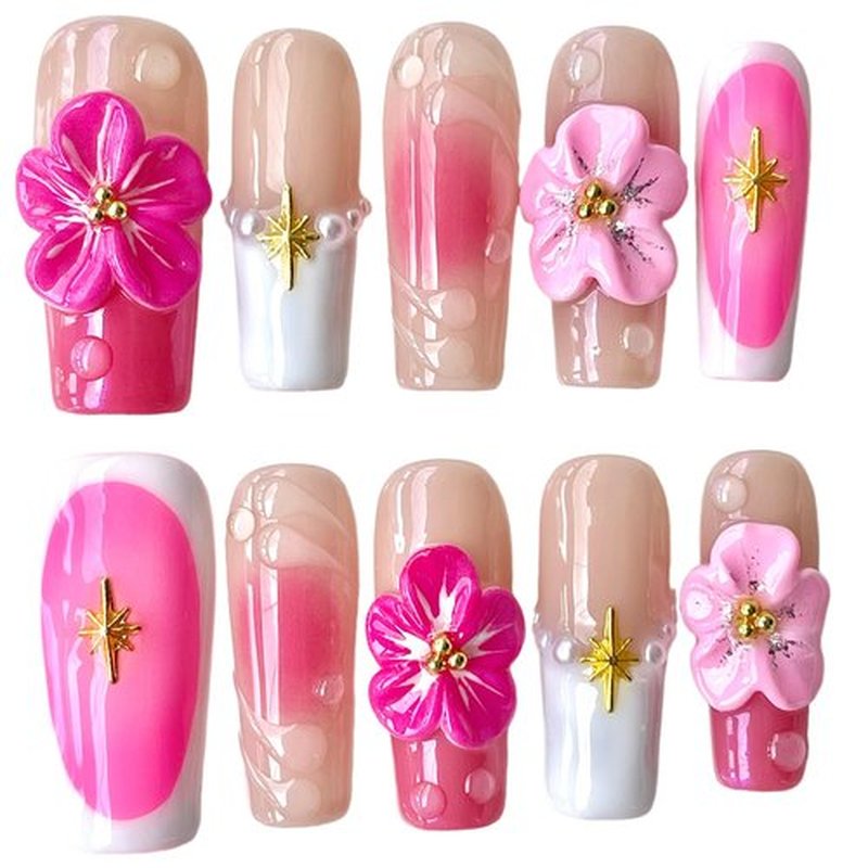 Handmade Press On Nails Medium/Long Square Pink 3D Sakura Design - Reusable French Acrylic Fake Nails with Gold Stars & Pearls, Luxury Cherry Blossom False Nails (Pink Sakura, M)