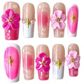 Handmade Press On Nails Medium/Long Square Pink 3D Sakura Design - Reusable French Acrylic Fake Nails with Gold Stars & Pearls, Luxury Cherry Blossom False Nails (Pink Sakura, M)
