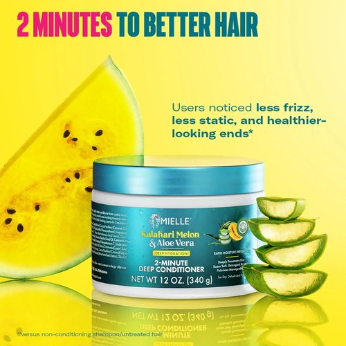 Mielle Organics 2-Minute Deep Conditioner - Kalahari Melon & Aloe Vera Moisturizing Hair Conditioner for Dry, Curly and Textured Hair - Softening, Detangling & Fast-Acting Deep Conditioning, 12 Ounce