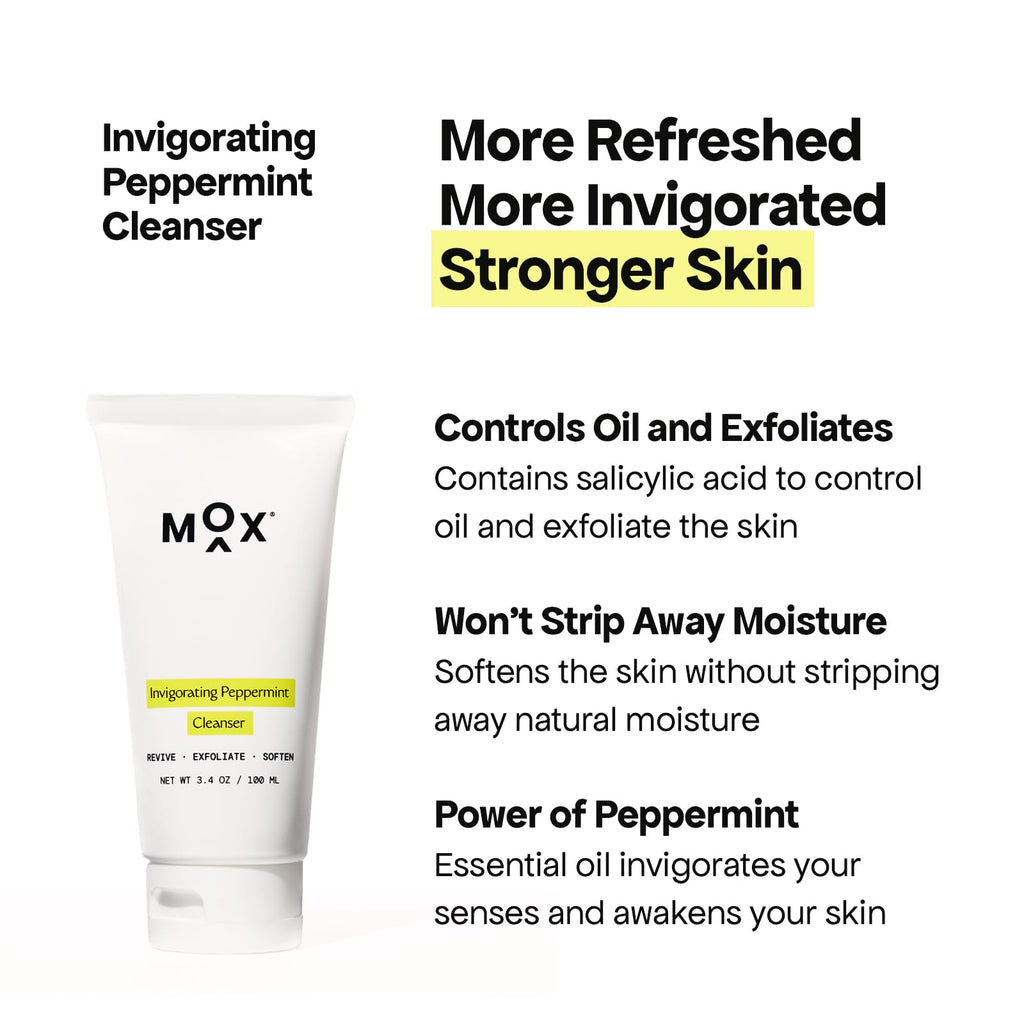 Mox Skincare Super Set Face Care Kit (3pk) | Peppermint Face Cleanser + Multi Nutrient Serum + Mineral Hydrating Mist | Hydrate, Exfoliate, Glow.