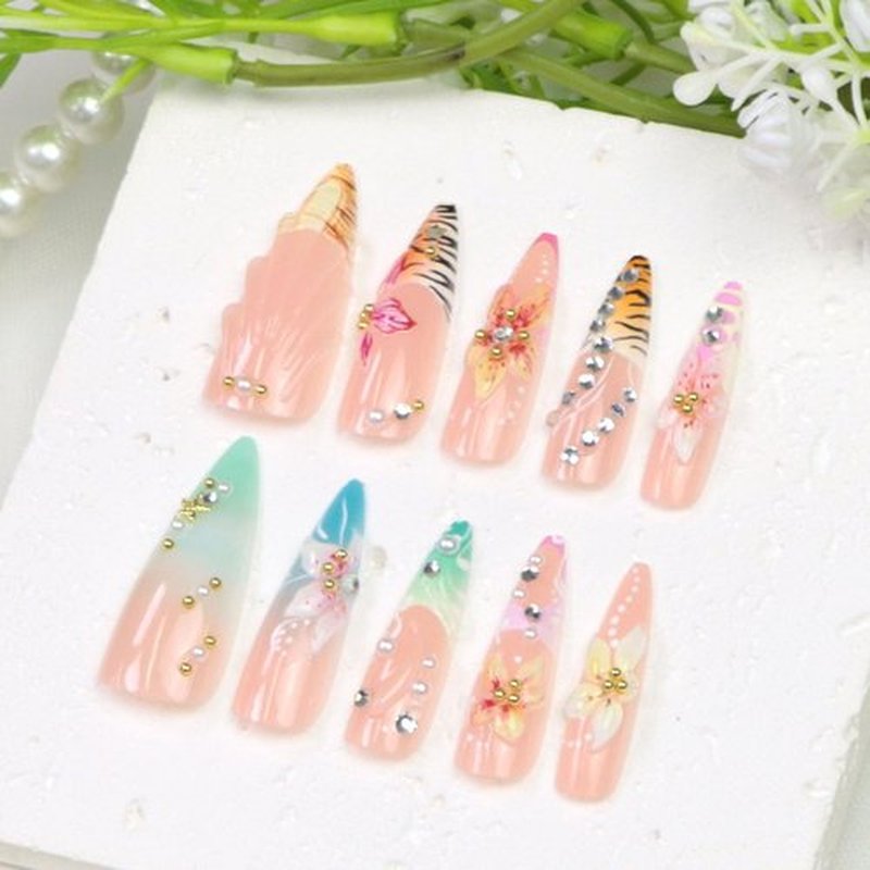Acrylic Press on Nails Long Almond Fake Nails Colorful French Tip Nails Press ons with Flower Pearl Rhinestones Designs Fall Winter False Nails for Women 24Pcs