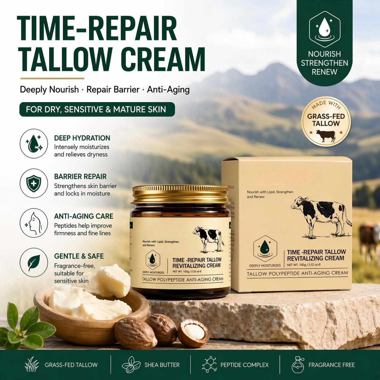 Tallow Face Cream with Peptides, Deep Hydration Moisturizer for Dry Sensitive Skin, Barrier Repair & Anti Aging Face Cream, Fragrance Free with Shea Butter (2PC)