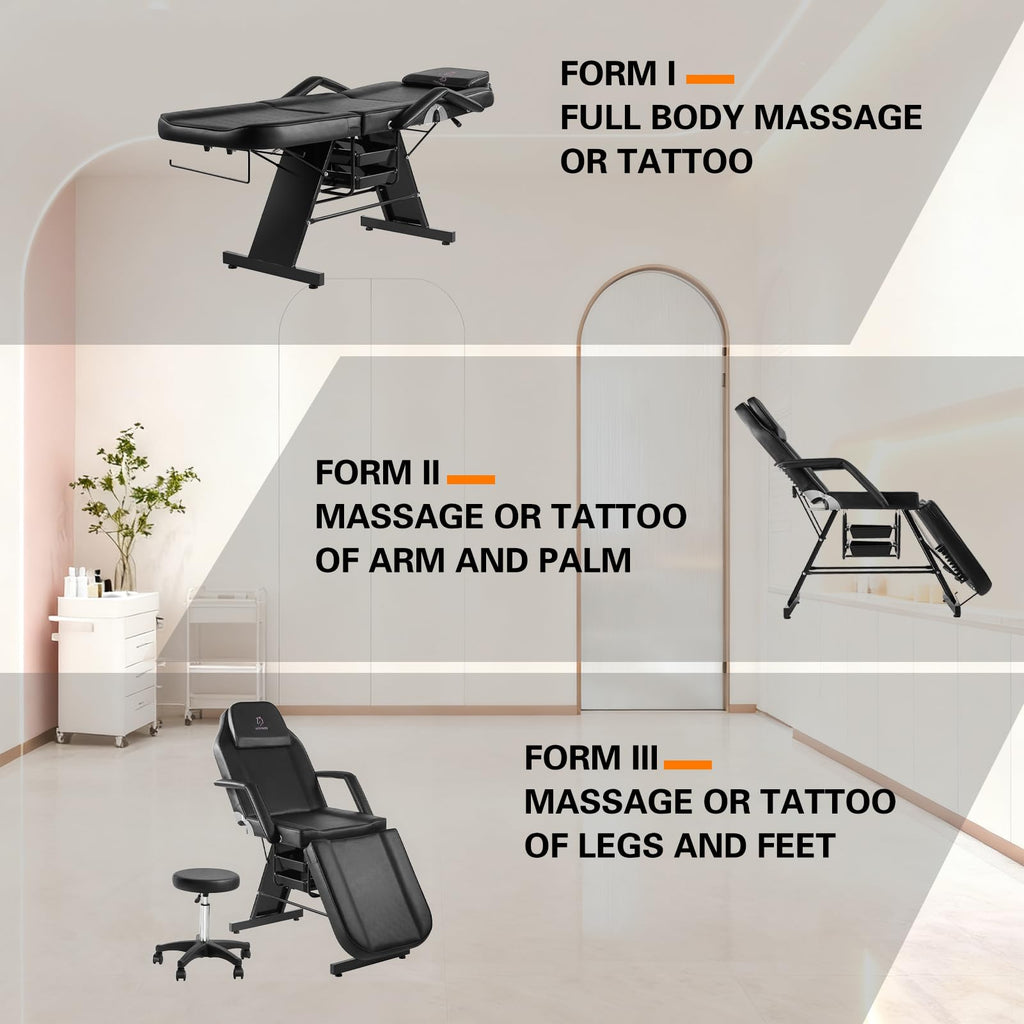 LUXMARS Facial Chair,73″ Tattoo Chair for Client,3-Section Adjustable Massage Table with Stool,Multipurpose Beauty Beds Salon Equipment for Esthetician,Tattooshop,Spa (Black)