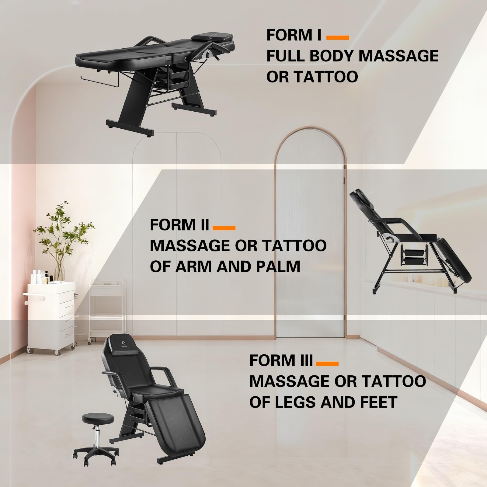 LUXMARS Facial Chair,73″ Tattoo Chair for Client,3-Section Adjustable Massage Table with Stool,Multipurpose Beauty Beds Salon Equipment for Esthetician,Tattooshop,Spa (Black)