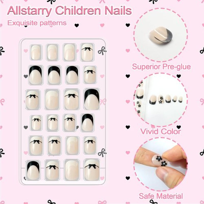 Allstarry 72pcs 3 pack Children Nails Press on Pre-glue Full Cover Kids French Tip Press on Nails Short False Nail Kits Lovely Gift for Children Little Girls Nail Art Decoration - Romantic French
