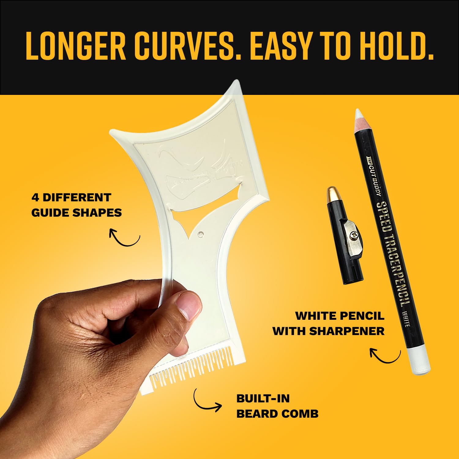The Cut Buddy PLUS Beard Shaping Tool, Clear Template with Built-in Comb and Bonus Pencil, Ideal for Hairline, Beard, and Mustache Trimming