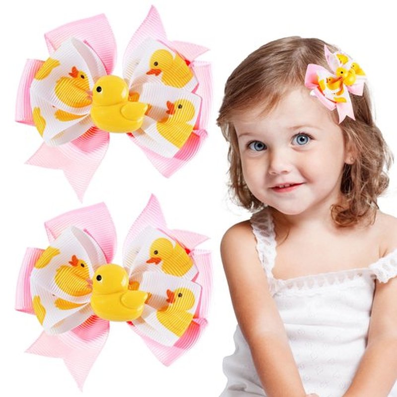 FYSUIMU 2Pcs Duck Hair Bow Clips Grosgrain Ribbon Alligator Clips Pink Rubber Duck Hair Barrettes for Home Birthday Party Women Hairstyle Accessories
