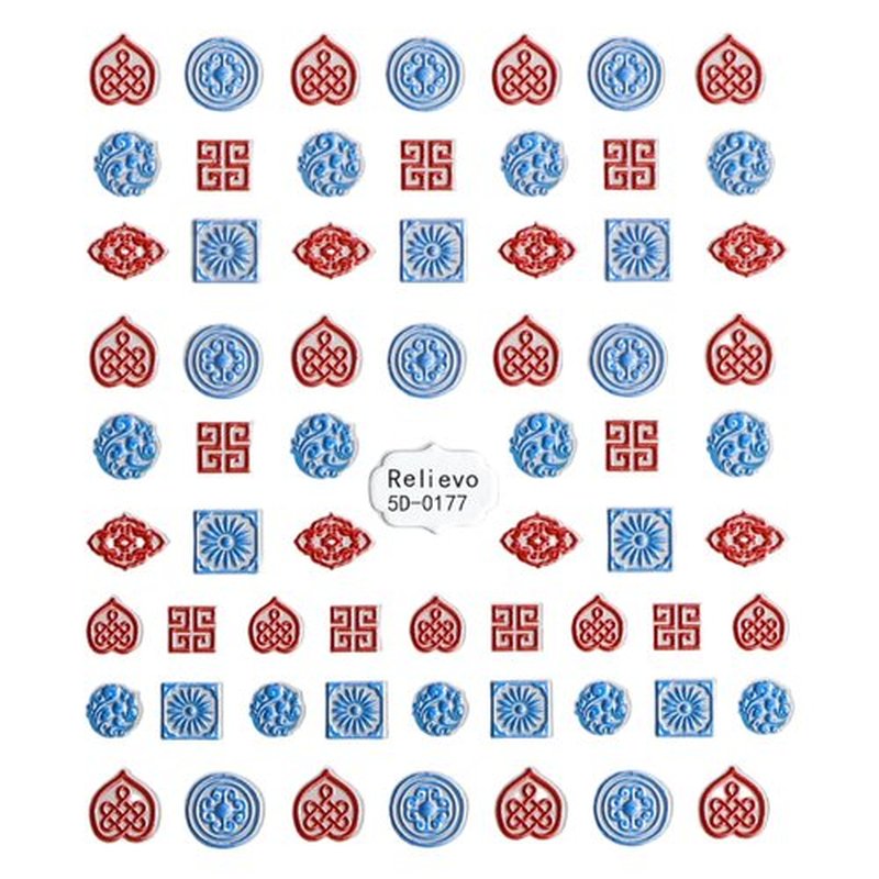 SIUDXA Red and Blue Traditional Chinese Style Nail Stickers - 5D Embossed Nail Decals for Manicure, Self-Adhesive Nail Stickers for DIY Nail Art Designs