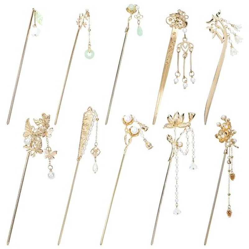 Lawie 10 Pack Retro Gold Metal Long Hair Sticks Pins with Pearl Jade Dangles Tassels Pendants Chinese Hanfu Asian Flower Butterfly Hair Chopsticks Hair Picks Bun Forks Holders Hairpins for Women Girls