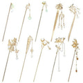 Lawie 10 Pack Retro Gold Metal Long Hair Sticks Pins with Pearl Jade Dangles Tassels Pendants Chinese Hanfu Asian Flower Butterfly Hair Chopsticks Hair Picks Bun Forks Holders Hairpins for Women Girls