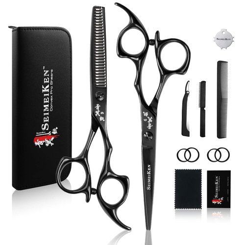 SEIMEIKEN 6" Black Hair Scissors Professional Hair Cutting Scissors and Thinning Shears - Japanese SUS440C Stainless Steel Hair Cutting Shears, Barber Shears - Hair Cutting Kit for Salon & Home Use