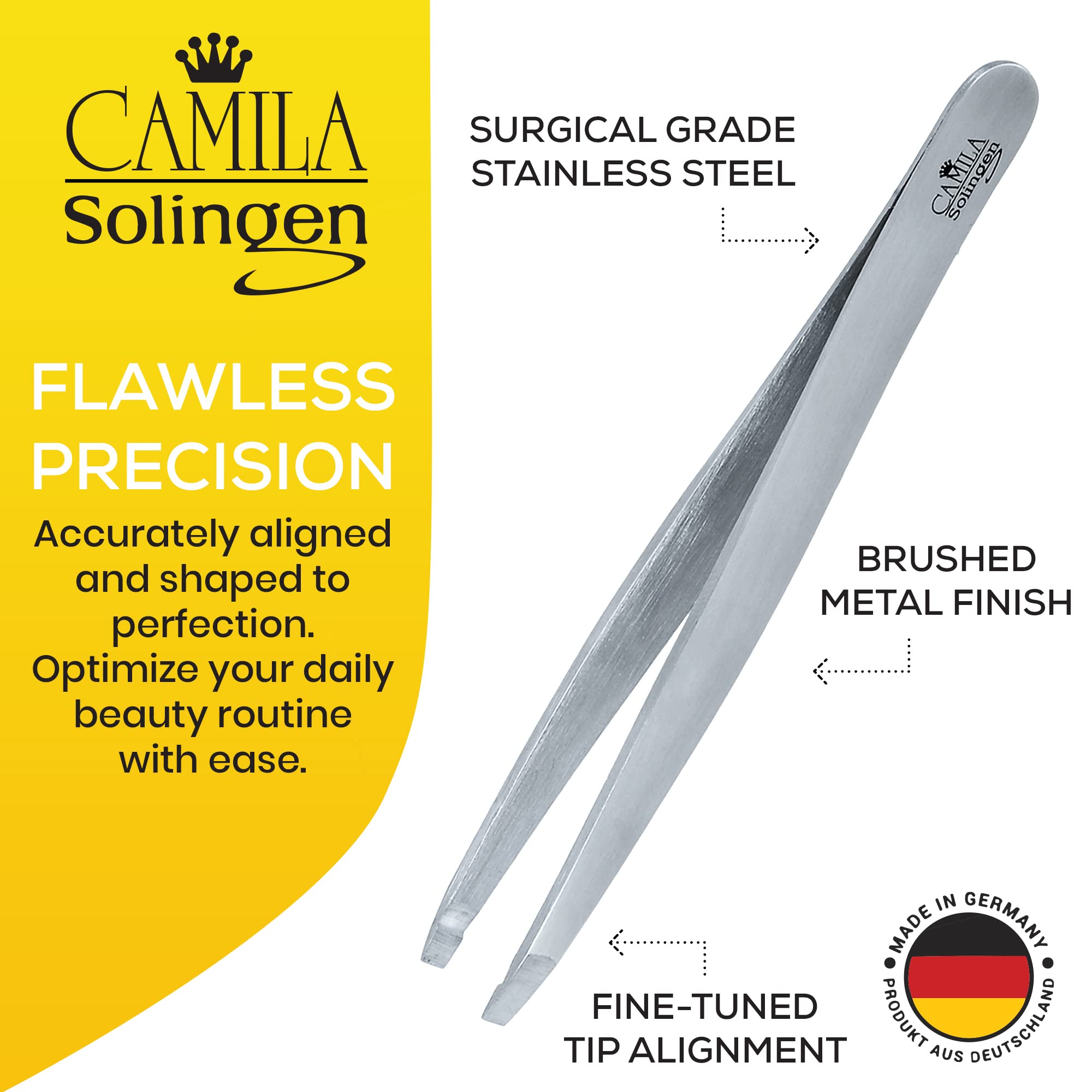 Camila Solingen CS26 4" Professional Surgical Grade Stainless Steel Precision Tip Eyebrow Tweezers for Facial Hair Shaping & Removal. Beauty Tool for Men/Women. Made in Solingen Germany (Straight)