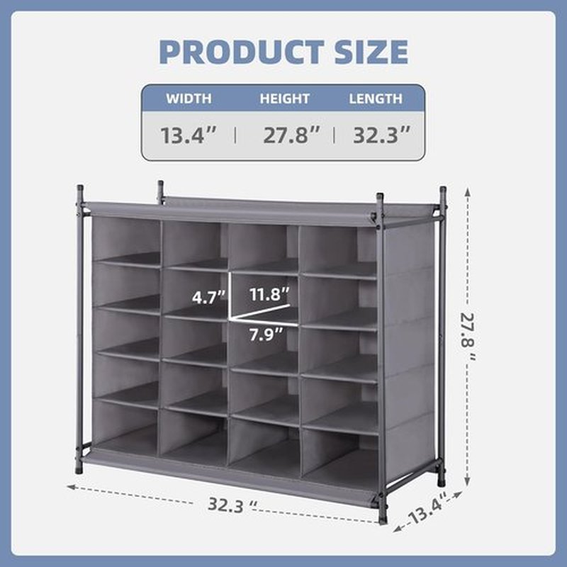 Storage Maniac Stackable Shoe Cubby Organizer - 20-Cube Free Standing Rack for Entryway & Closet | Gray