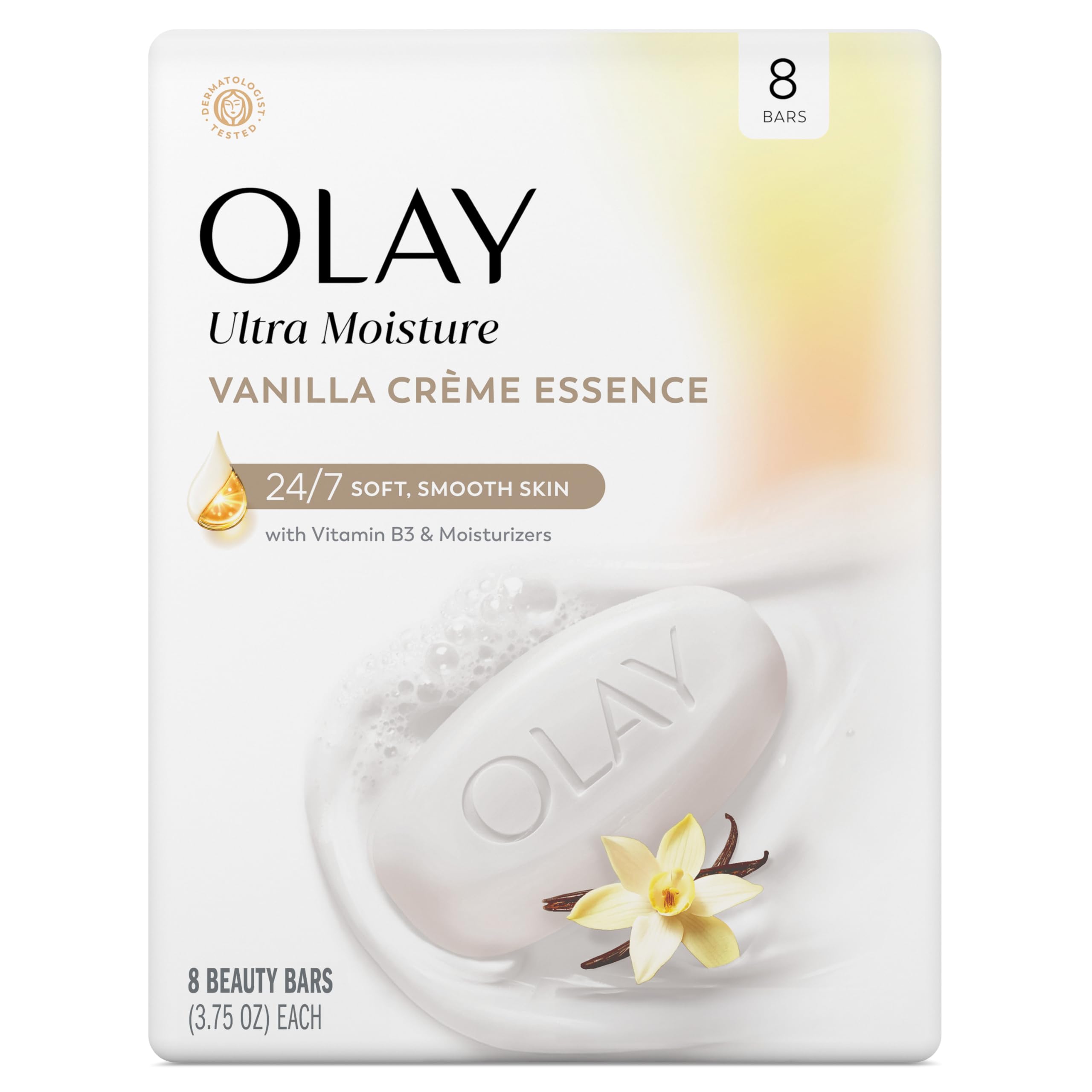 Olay Beauty Bar, Ultra Moisture,10x More Moisturizers, 24/7 Soft & Smooth Skin, Gentle Cleanse on Face & Body, Vitamin B3 Complex, For All Skin Types, Vanilla Crème Scent, 3.75 oz, (Pack of 8)
