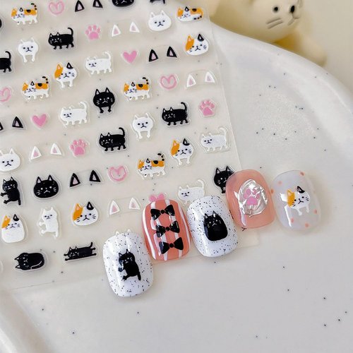4 Sheets Cats Series Nail Stickers Cats Lover Nail Art Stickers Embossed Nail Decals with Siamese Calico Cat Black Cat Designs Cute DIY Self-Adhesive Nail Art Supplies