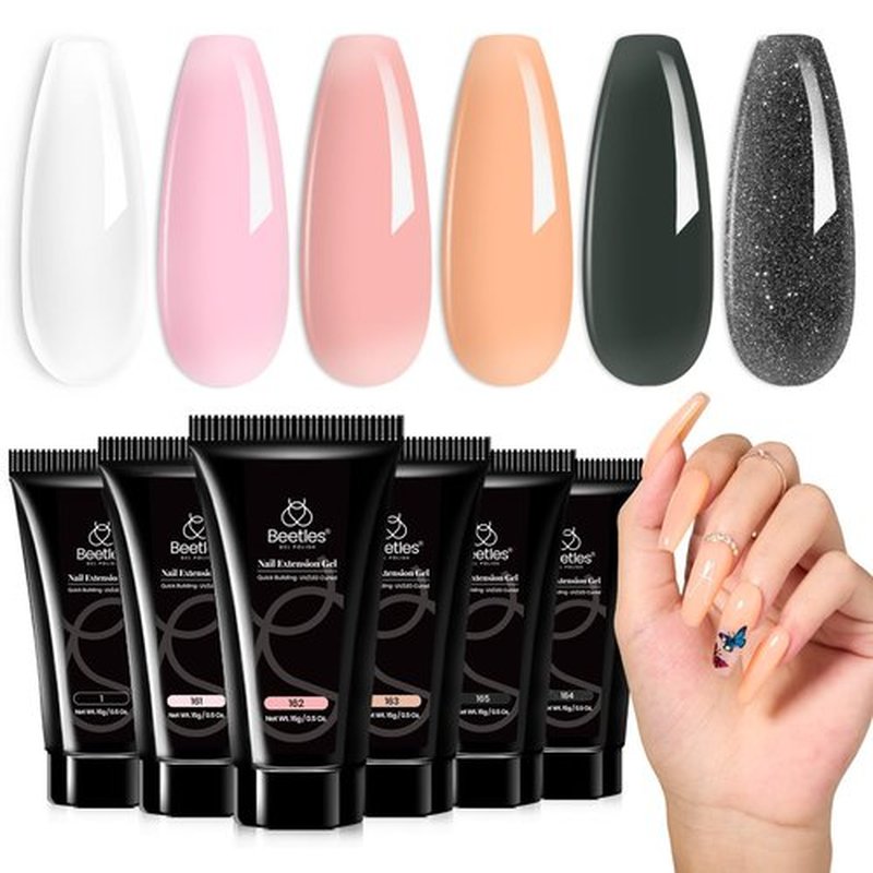 Beetles Poly Nail Extension Gel Kit - 6 Colors: Clear, Pink, Nude, Grey, Glitter, Neutral - DIY Salon Home Gift