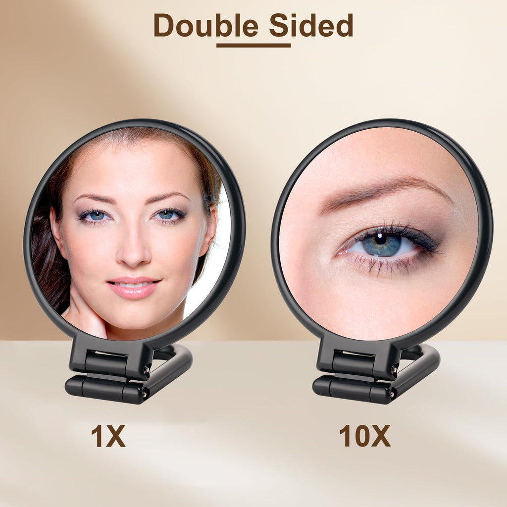 BOOMIBOO 1X/10X Magnifying Handheld Mirror Double Sided, Foldable Travel Makeup Mirror, Adjustable Rotation Pedestal Hand/Hanging/Desk Vanity Mirror-Black