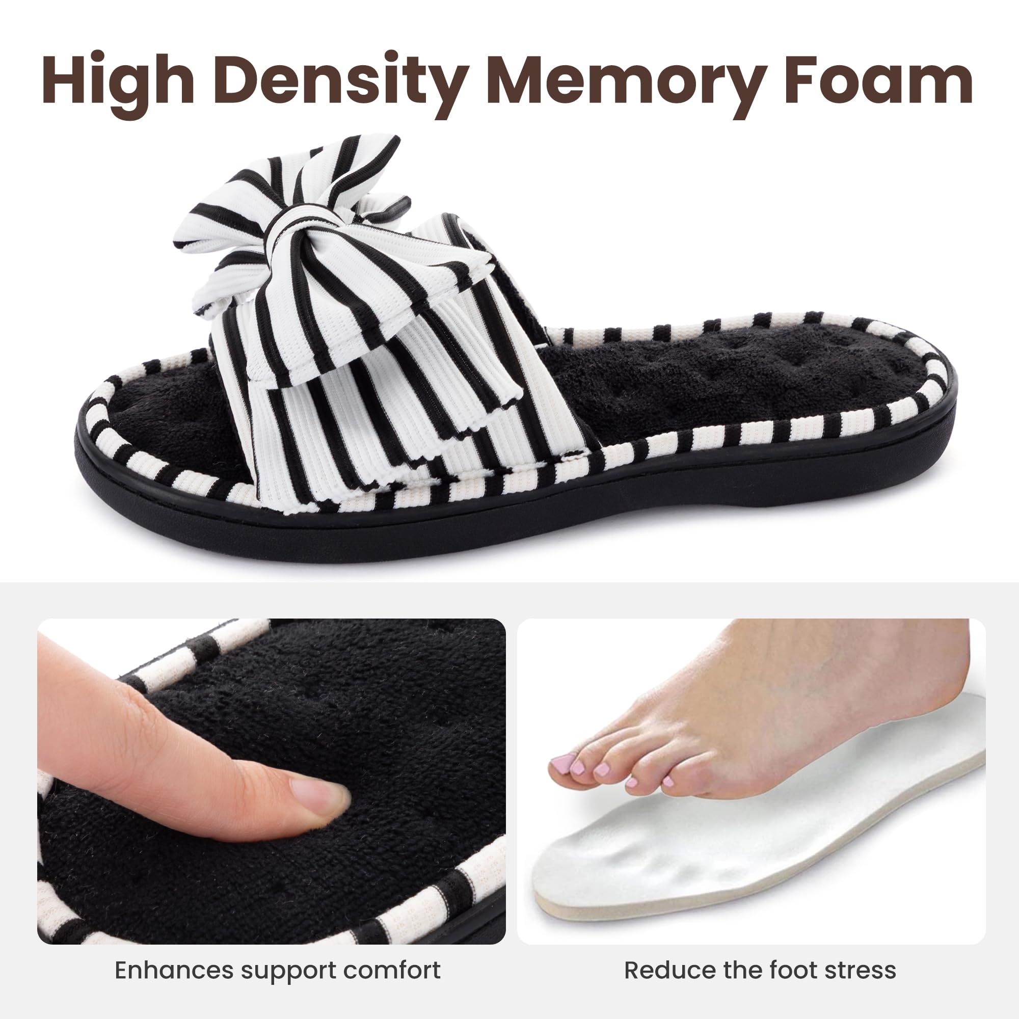 ULTRAIDEAS Womens Indoor Outdoor Slippers, Memory Foam Open Toe Cute House Shoes for Bedroom with Bow Design, Gift for Women(Black,7-8)
