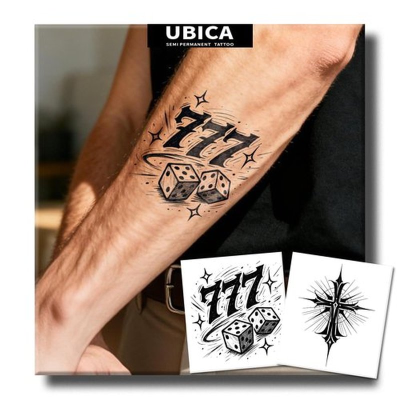 UBICA Semi Permanent Tattoo, 2 Sheets Realistic Cross Temporary Tattoos for Men, Lasts 2 Weeks Fake Tattoos for Hand Wrist, Waterproof Non-Reflective, 777 Dice & Cross Designs Tattoos