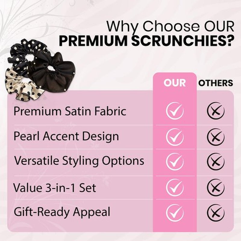 3 PCS 7.9 Inches Oversized Satin Scrunchies with Pearl and Polka Dot, Jumbo Large Hair Ties & Ponytail Holders for Women and Girls, Vintage Chic Extra Large Hair Accessories