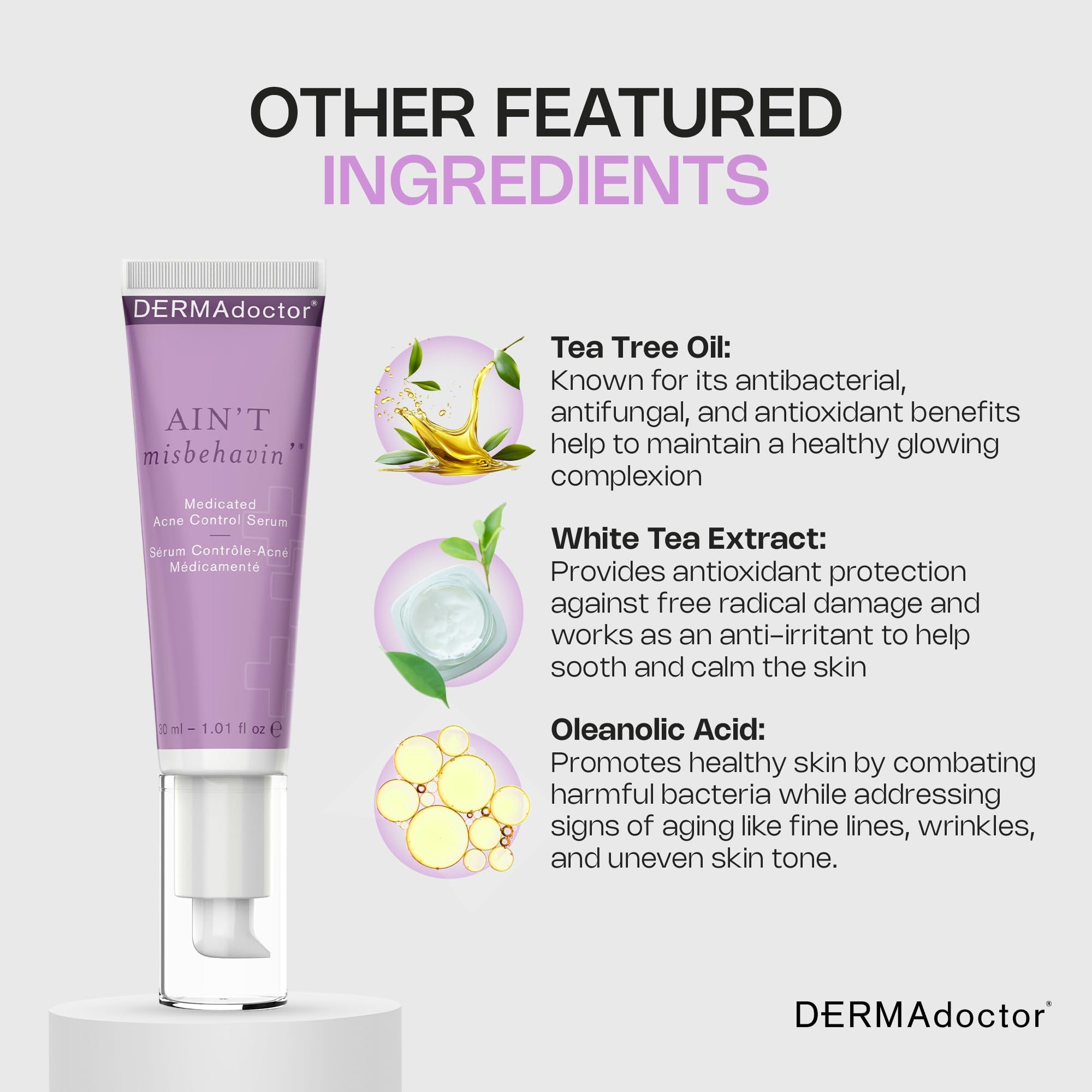 DERMAdoctor Ain't Misbehavin' Dermatologist Formulated Salicylic Acid Acne Control Serum, Acne Spot Treatment for Blemish Control and Cystic Acne breakouts with Tea Tree - 1 oz