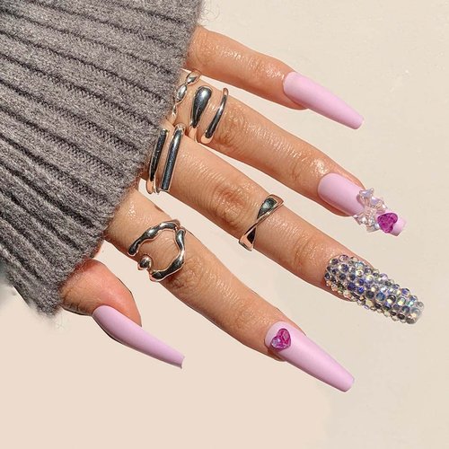 Aksod Glossy Purple Press on Nails Long Coffin Fake Nails Glitter Crystal Rhinestone Ballerina False Nails Full Cover Acrylic Nails Sets for Women and Girls 24Pcs (C)