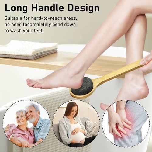 Beomeen Pumice Stone for Feet with Long Handle 15.7", Hard Skin Callus Remover, Scrubber and Exfoliator for Dead Dry Skin, Softer & Smoother Feet, Pedicure Tool Grey