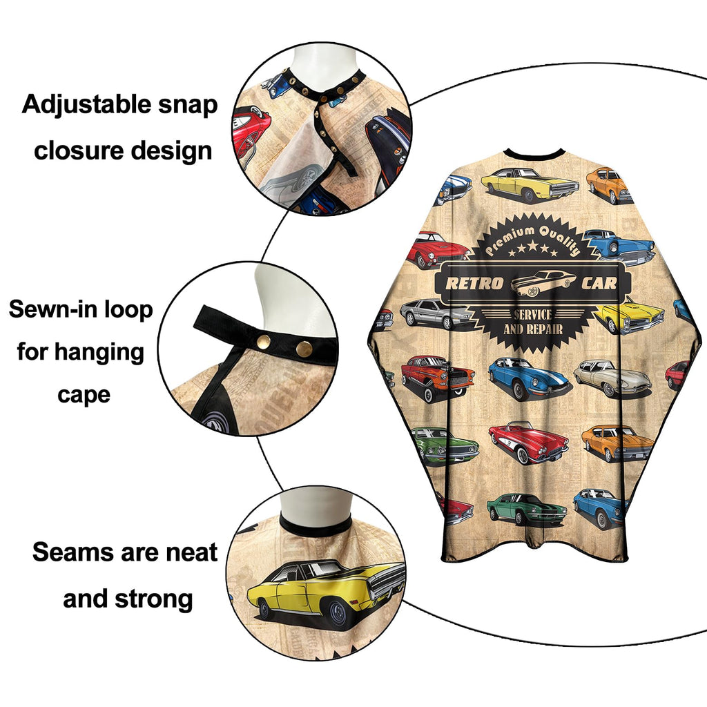Barber Cape for Men Professional Hair Cutting Salon Cape with Snaps Waterproof Hairdressing Styling Cape Gown Apron- 63”× 56”(Vintage Cars)