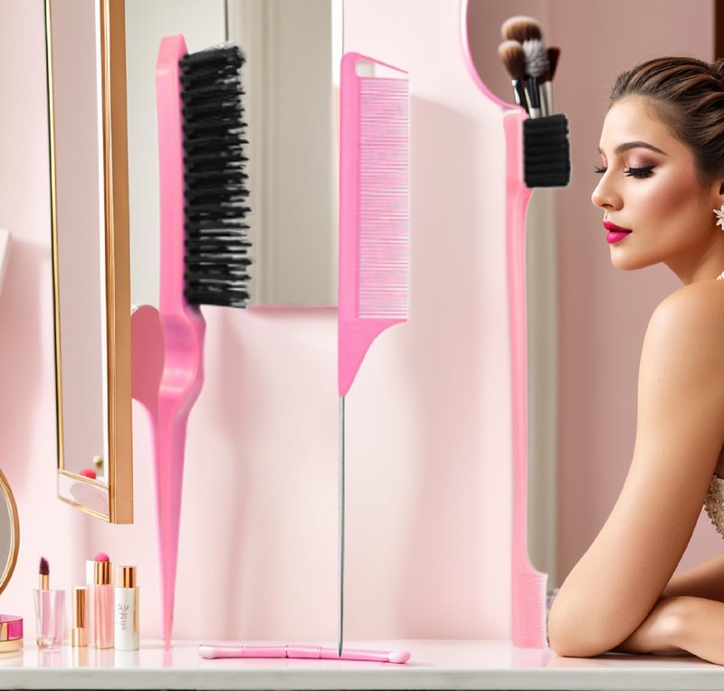 xiangwenlan Pink Comb Set 3 piece, Slick Back Brush with Edge, styling comb for kids for middle part，Rat Tail Comb, Teasing Set for Smoothing brush Baby Hair