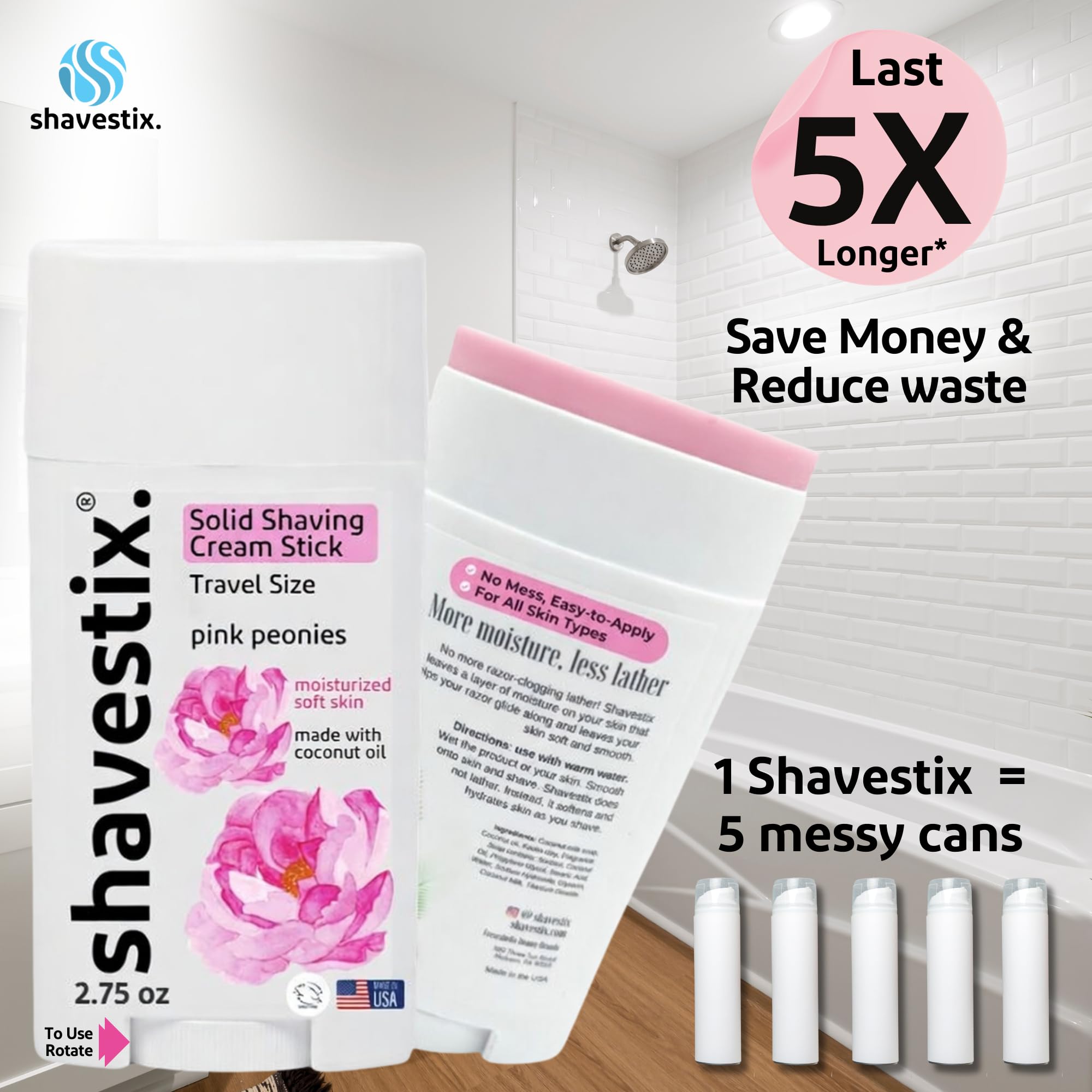Shavestix Travel Size Shaving Stick 2.75 Oz | Pink Peonies Scented Shave Gel Bar | Moisturizing Hair Removal Cream for Women & Men | Compact Shave Cream for All Skin, Razor Type