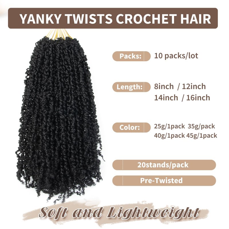Yanky Twist Crochet Hair 8 Inch10 Packs Crochet Yanky Twist Hair Extensions Spring Mini Twist Crochet Hair Bohemian Passion Twist Braiding Hair For Black Women (1B, 8 Inch10packs)