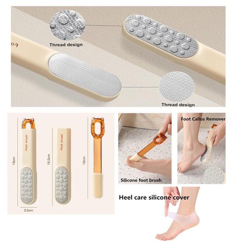 2-in-1 Foot File Callus Remover Set, Stainless Steel Foot Scrubber with Silicone Brush & Heel Gel Socks for Smooth Feet (Grey)