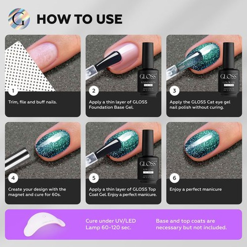 GLOSS Cat Eye Gel Nail Polish | Teal 15ml Hema-Free Holographic Glitter gel Varnish, Shimmering Emerald Magnetic Nail Polish, Art Manicure DIY Home, Gifts for Woman