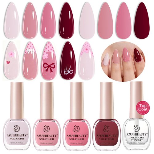 AZUREBEAUTY Valentines Pink Nail Polish Set Quick Dry Peach Light Pink Rose 4 Colors Natural Fingernail with Top Coat DIY Salon Home no Gel Women Gifts