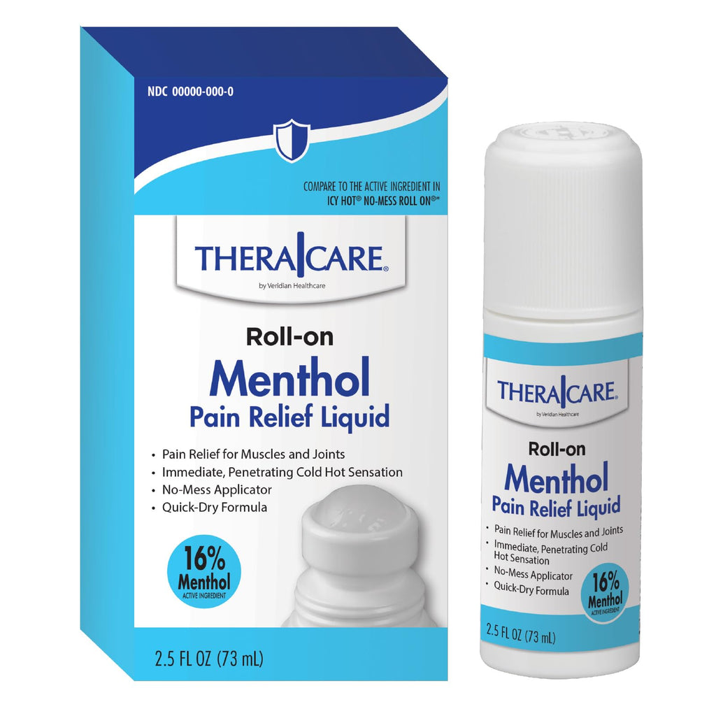 TheraCare 16% Menthol Roll-On | Cold Hot Sensation | Pain Relief Liquid | 2.5 oz. 73 mL | Non-Greasy Formula | Immediate Penetrating Action | Topical Analgesic
