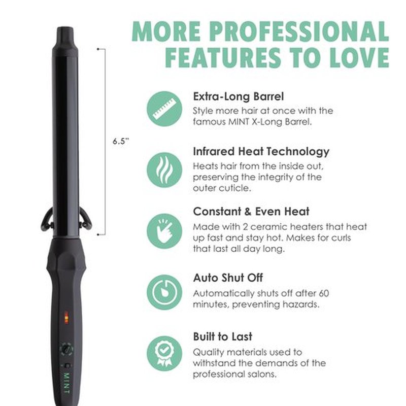 MINT Professional Clamp-Free Curling Wand 1 Inch for Long Hair | Extra Long Curl Wand w 4-Heater Ionic Ceramic Tourmaline Barrel | Best Curling Wands | Adjustable 230-430°F | Worldwide Dual Voltage