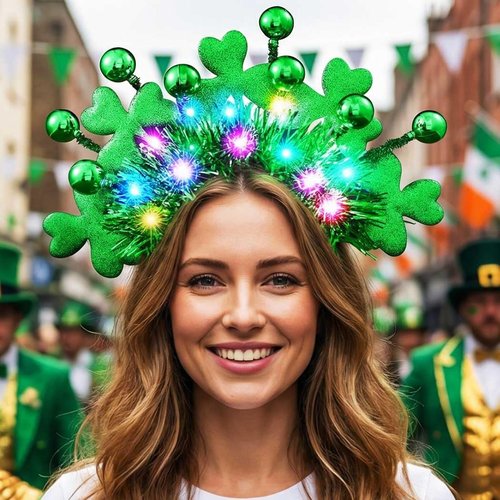 GORTIN Light up St Patrick's Day Headband LED Shamrock Hair Band Green Irish Headband Rave Party Costume Headwear Hair Accessories for Women