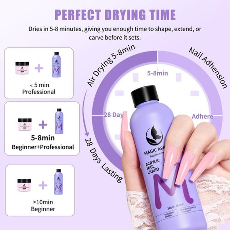 8FL.OZ EMA Monomer Acrylic Nail Liquid with 3 Acrylic Brushes (8/10/14) for Nail Extensions & Carving, MMA-Free, Non-Yellowing, Ideal for DIY & Professional Salon Use