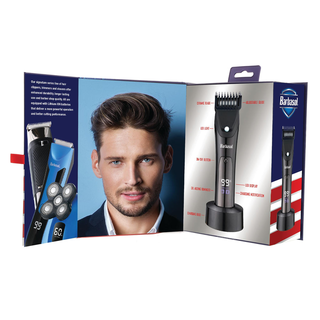 Barbasol Hair and Beard Trimmer for Men, Rechargeable Battery with Charging Base, Powerful Hypoallergenic Ceramic Blades, Dial Adjustable Hair Guard Length with 10 Settings, LED Screen