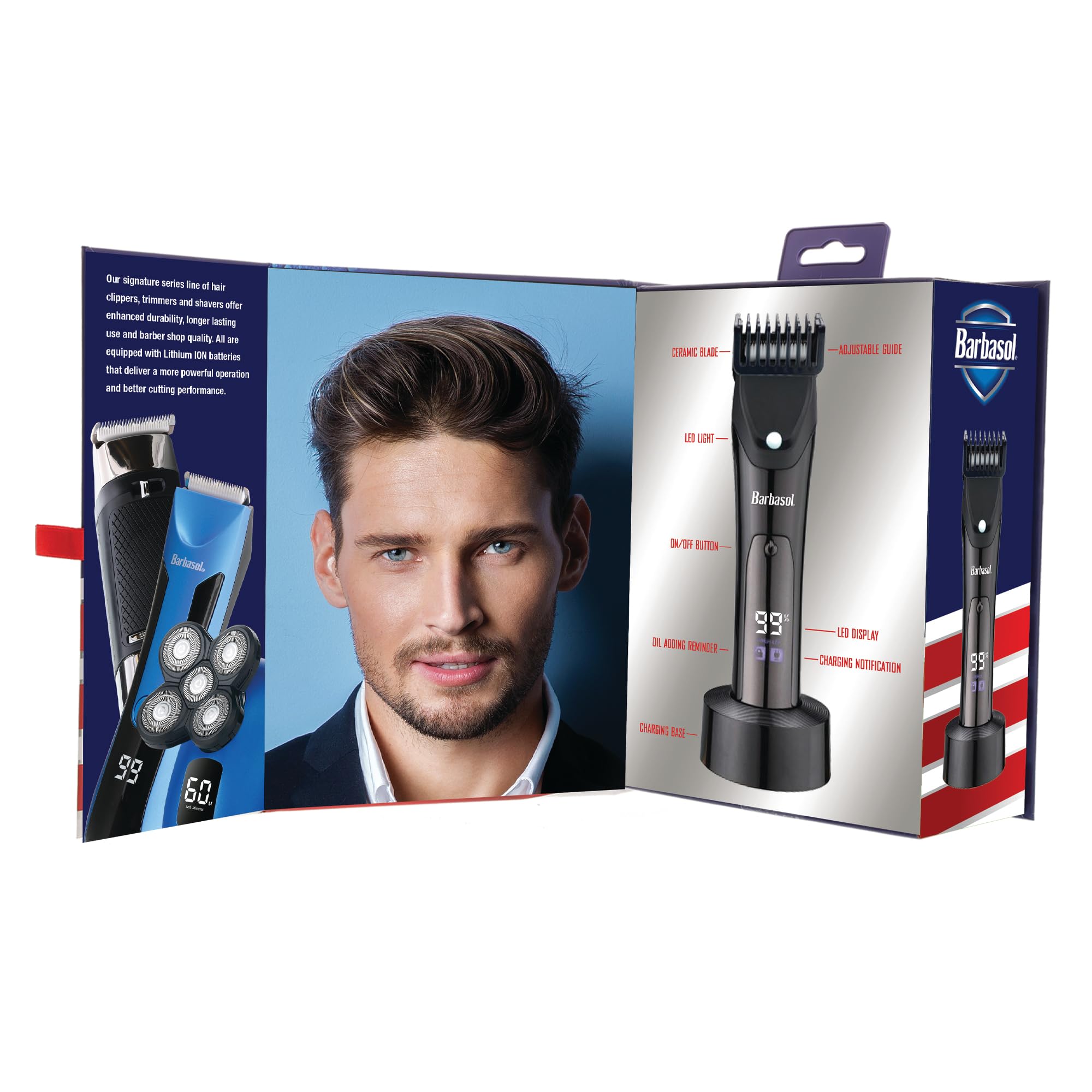Barbasol Hair and Beard Trimmer for Men, Rechargeable Battery with Charging Base, Powerful Hypoallergenic Ceramic Blades, Dial Adjustable Hair Guard Length with 10 Settings, LED Screen