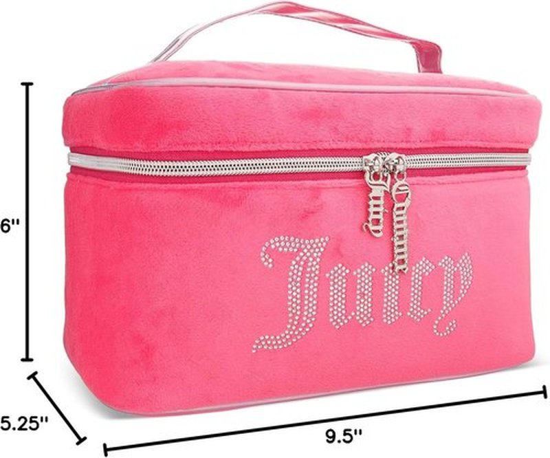 Juicy Couture Pink Silver Makeup Bag - Velour Cosmetics Organizer with Rhinestones | Travel Essentials Case