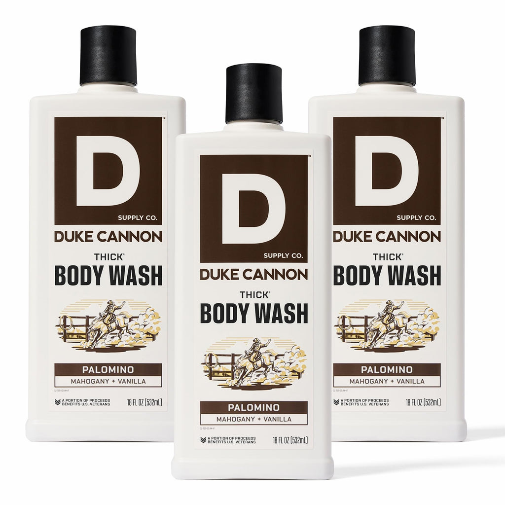 Duke Cannon Supply Co. Thick High Viscosity Body Wash – 3X Thicker, Cleansing Shower and Bath Gel, Mineral-Enriched for Men – Shower Gel – Men’s Body Scrub – Palomino 3 pack –18 oz