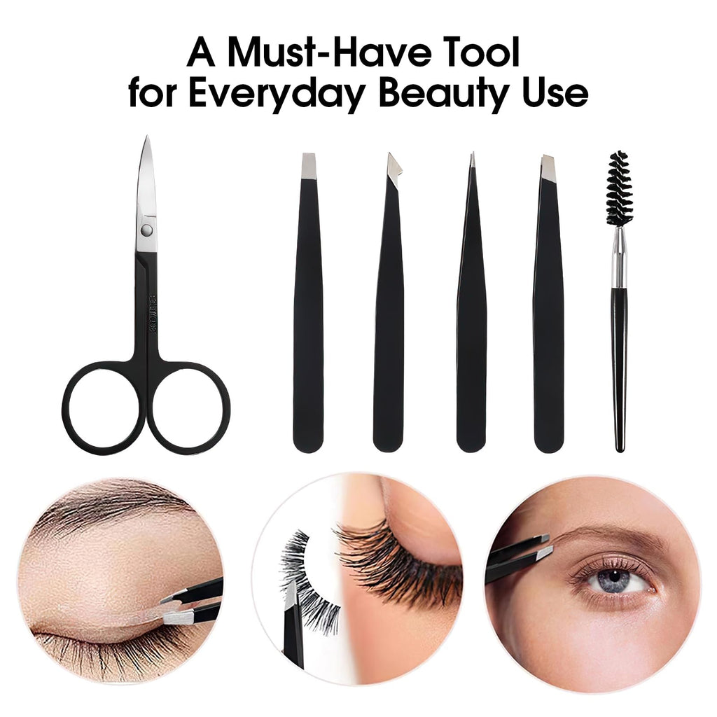 6 Pcs Tweezers Set – Eyebrow Tweezers with Curved Scissors for Ingrown Hair, Hair-Plucking Daily Beauty Tools for Women, with Leather Travel Case