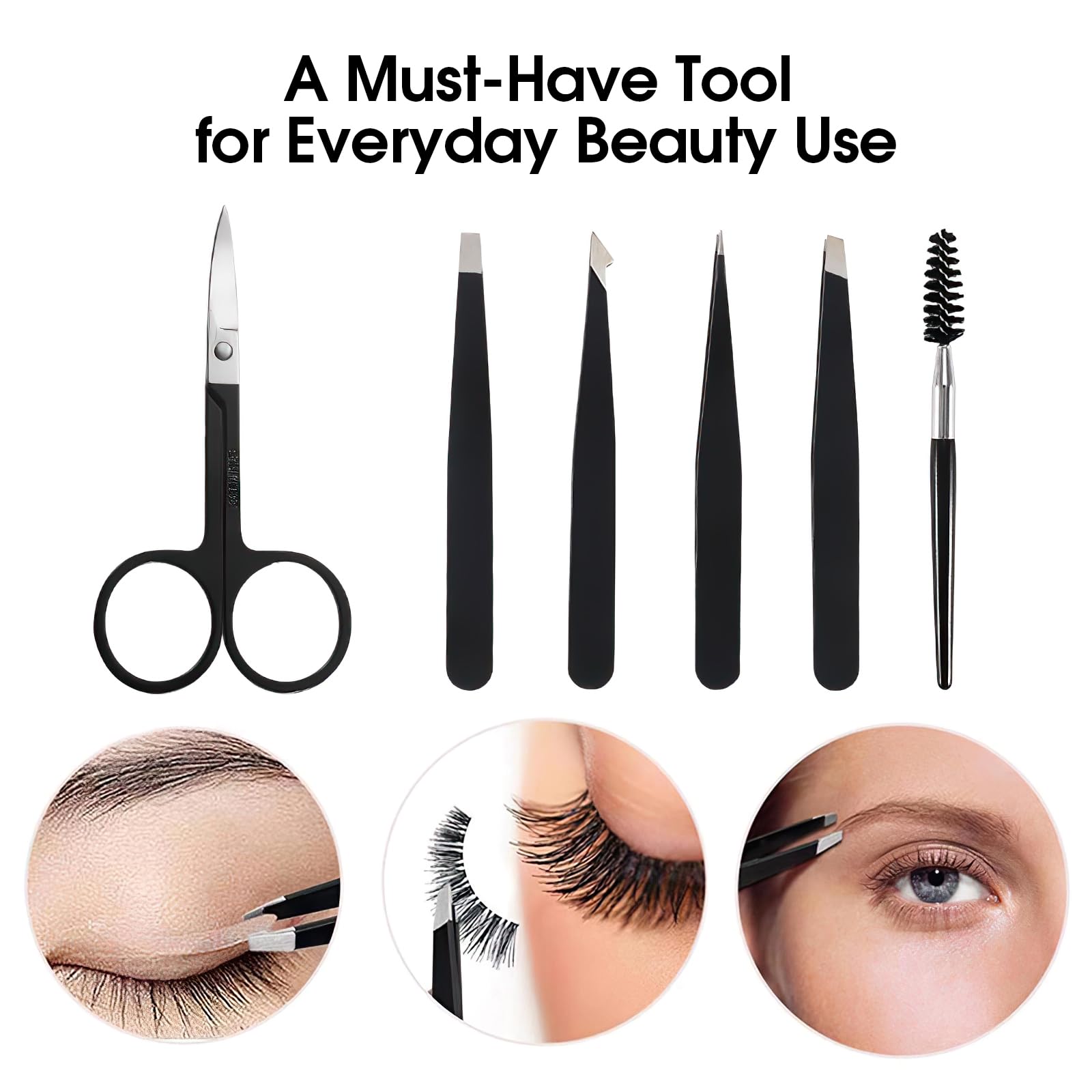6 Pcs Tweezers Set – Eyebrow Tweezers with Curved Scissors for Ingrown Hair, Hair-Plucking Daily Beauty Tools for Women, with Leather Travel Case