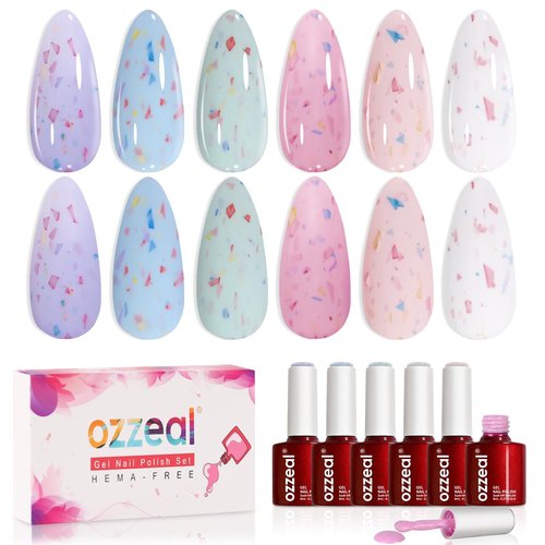 Ozzeal Pastel & Glitter Flake Gel Nail Polish Set, 8ml Hema Free 6 Colors Ice Cream White Green Pink Lavender Blue Macaron Easter Spring Summer U V Light Gel Polish Kit for Salon and Nail Art DIY