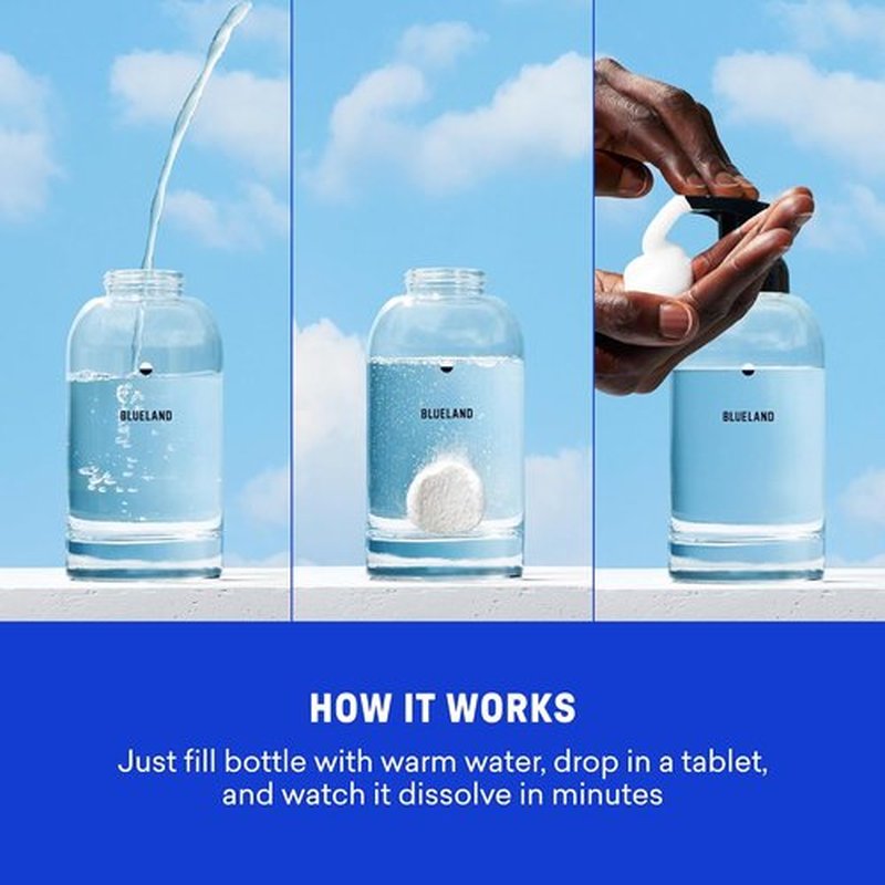 BLUELAND Hand Soap Duo - 2 Refillable Glass Dispensers with 8 Scented Refill Tablets | 8 x 9 Fl Oz